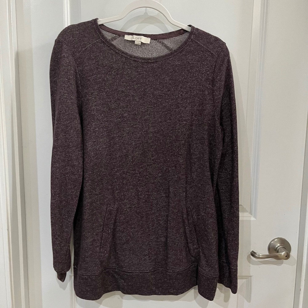 Loft Ann Taylor Womens Large Burgundy Marled Knit Long Sleeve Pocket Sweatshirt